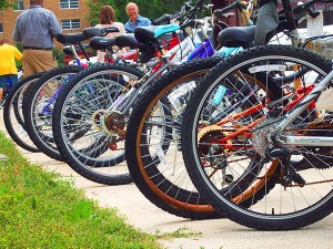 <span class="credit">Photo By: Kelsey A. Schnell | Editor in Chief</span><span class="description">Spokes for folks Bikes lined up outside of the West Commons building before being sorted and distributed to area organizations.</span>