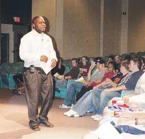 <span class="credit">Photo By: Kristyn Sonnenberg | Photo Editor </span><span class="description">Freshman Orientation: Michael Wade, Assistant Director of the Office for Multicultural Student Services, addresses incoming freshman at a mandatory orientation session on Friday, August 28th.</span>