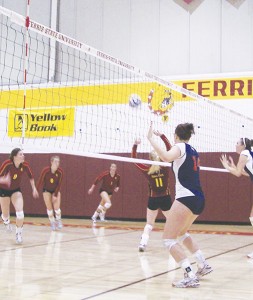 <span class='credit'>Photo By: Kristyn Sonnenberg | Photo Editor</span><span class='description'>Redshirt freshman Samantha Fordyce sets it up for the spike at the match against Saginaw Valley State on Friday, in which she chalked up 30 of the Bulldogs’ 31 assists. The team ended up losing 0-3, but came back on Saturday to win 3-0 against Lake Superior State.</span>