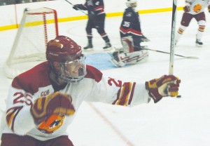 Nothing but Net: Senior Blair Riley celebrates a goal at Friday’s game against Robert Morris. Riley showed a strong performance with one assist and two goals, the first of which was scored in the first 37 seconds of the game. Photo by Kate Dupon | Photographer