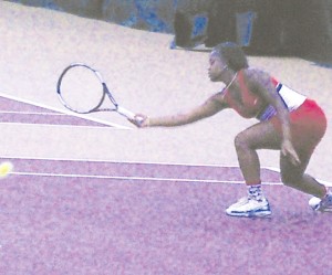 Women’s Tennis: Freshman Tabitha Simpson sends a drive her opponents at a recent match. The team had a busy weekend, playing three separate matches in East Lansing for the GLIAC Tournament. Ferris pulled out ahead in two of the three. Photo by Kristyn Sonnenberg | Photo Editor