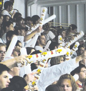 Students show their support for the Ferris State hockey team this past Friday, which the Bulldogs won 2-1 over the Connecticut Huskies. This, along with Saturday’s win, brought the Bulldog’s season to a 2-1-0 overall. Photo By: Kristyn Sonnenberg | Photo Editor