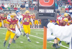 Still Fighting: Damien Miller (#80) and Jake Hancock (#62) keep up the hustle at Saturday’s “Hall of Fame Game/Senior Day”. Despite the effort, the Bulldogs ended up with a 59-14 loss against the Hillsdale Chargers. Photo By: Kristyn Sonnenberg | Photo Editor