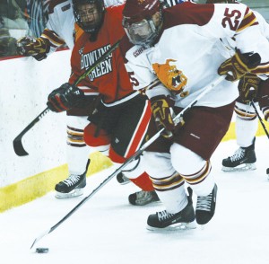 Griggs: Junior Zach Redmond crosses the ice in Miami this weekend. Redmond earned his seventh assist of the season on Friday after intercepting the puck from Miami’s top-ranked team and passing it to teammate Blair Riley, who scored his seventh goal of the season. Photo Courtesy of Miami Student Newspaper Photographer, Michael 