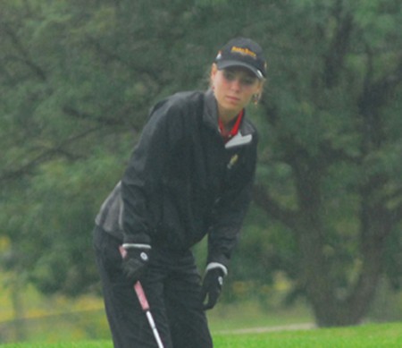 Golf, Golf, Golf: Jacqueline DeBoer, freshman, lines up a putt at the Tom Kirinovic Classic where she was a top-placed finisher. The Bulldogs competed in the Michigan State University tournament on Sept. 25-26 where they finished last out of ten Division 1 colleges. Photo Courtesy of Ferris State Athletics