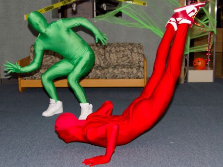 Halloween Festivities: Joe Nodge and Steve Jones sport green and red man suits recognizable from the TV show It’s Always Sunny in Philadelphia. Photo By: Brock Copus | Photographer