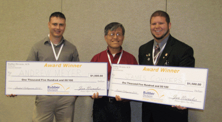 Ferris Students Win: Matthew Yang stands with scholarship winners Andrew Meyer and James Conners. Both Meyer and Conners received $1,500 scholarships for their presentations at the Rubber Expo’s Student Colloquium in Milwaukee, Wis. Photo Courtesy by Matthew Yang