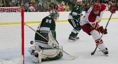 Split Series: Bulldog senior right wing Todd Pococke shoots on MSU goalie Drew Palmisano during a 3-2 loss to Michigan State on Dec. . The Bulldogs are now 8-6-3 for the 2010-11 season and will take on Alaska on Dec. 10 and 11. Photo By: Brock Copus | Photographer