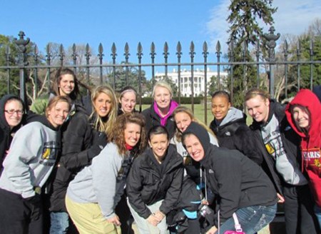 Michigan to D.C.: The Ferris State Bulldogs pose for a photo in front of the White House during their Washington D.C. tour. The Bulldogs competed in the Bowie State Holiday Classic and lost to Bowie State and Virginia Union. Photo Courtesy by Becci Houdek 