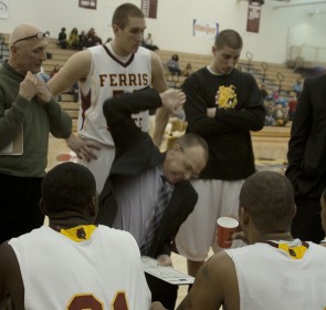 Making a Point: Bill Sall, men’s basketball head coach, makes an emotional statement during a timeout at the Jan. 22 game against Northern Michigan. The Bulldogs defeated Northern 70-63. Photo By: Kate Dupon | Photo Editor