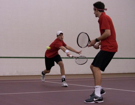 Season Beginning: Ferris seniors, Kyle Revall and Steven Roberts, playing doubles in the Feb. 19 match against Aquinas. The men’s team defeated Aquinas 5-4. Photo By: Kate Dupon | Photo Editor