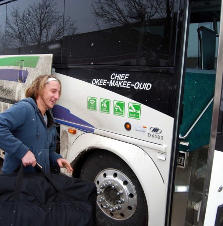 Possible Busing: Ferris student Charlie Woznack boards a Greyhound Bus. A shuttle bus is being proposed to allow transportation to students from Big Rapids to Grand Rapids. Photo By: Sam Lehnert | Ad Layout Assistant