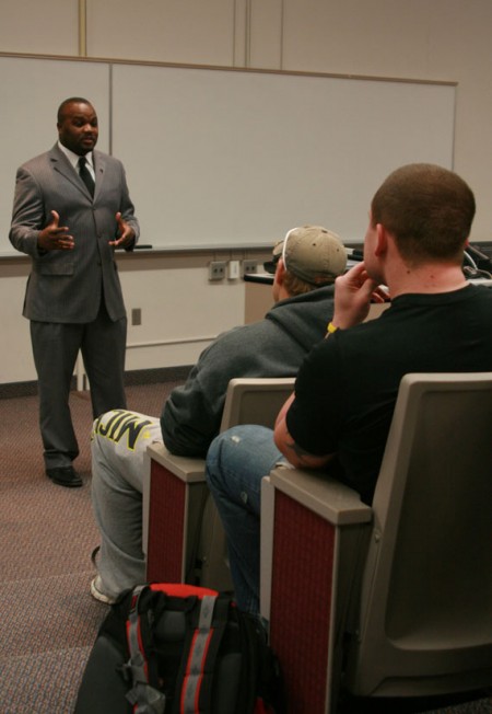 Childress Discussion: Ira Childress came to Ferris to talk to a sports communication class. Childress was a 2003 Ferris graduate who discussed how students can brand themselves after college. Photo By: Kate Dupon | Photo Editor