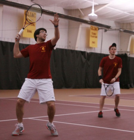 Defeating Findlay: Tyler Marengo, left, and Jack Swan, right, took on Findlay on March 26. The Bulldogs defeated Findlay 9-0. Photo By: Kate Dupon | Photo Editor