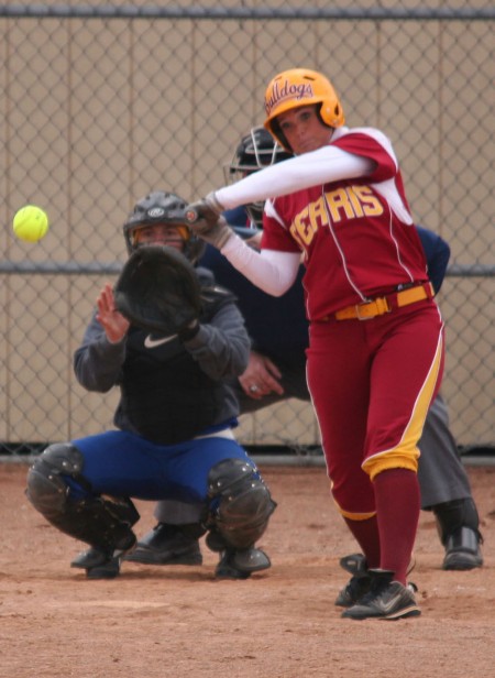 Spring Cleaning: Chelsea Morris, junior first baseman bats during the game against Lake Superior State on April 2. The Bulldogs swept the series against LSSU. Photo Courtesy of Eric Carlson