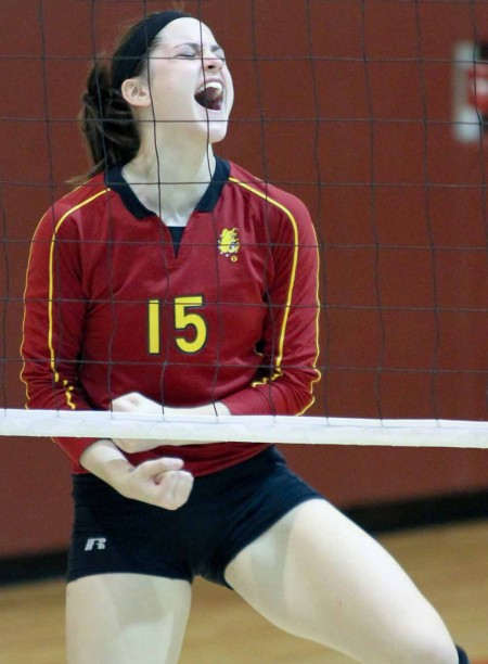 Freshman to Watch: Courtney Rehm, FSU freshman middle hitter, celebrates a 3-0 victory against Hillsdale on Sept. 24. Rehm has had 76 kills and 41 blocks in 39 sets played this season. Photo By: Brock Copus | Multimedia Editor