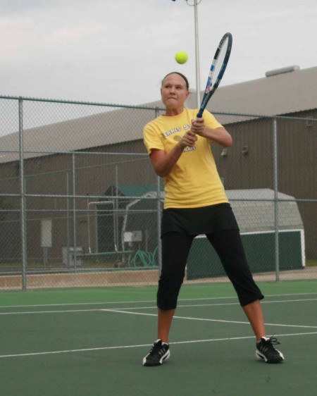 Beating the Lakers: FSU senior Melissa Flowers lines up to return a ball during the Michigan Tech contest. Flowers played an important role in helping the Bulldogs defeat Lake Superior 5-4 on Sept. 22. Photo By: Kate Dupon | Photo Editor