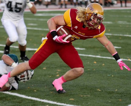 Defeating Erie: FSU senior wide receiver Mike Ryan pushes down the field during the October 1 game against Lake Erie. The Bulldogs defeated Lake Eric and are now 4-1 overall for the 2011 season. Photo By: Brock Copus | Multimedia Editor