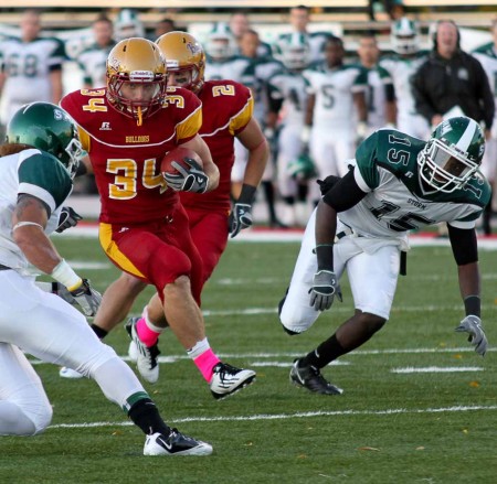 On a Roll: FSU junior runningback Skyler Stoker charges past the Lake Eric defense during the October 1 game. The Bulldogs defeated the Storm 38-14, bringing the team’s win-streak to three games. Photo By: Brock Copus | Multimedia Editor