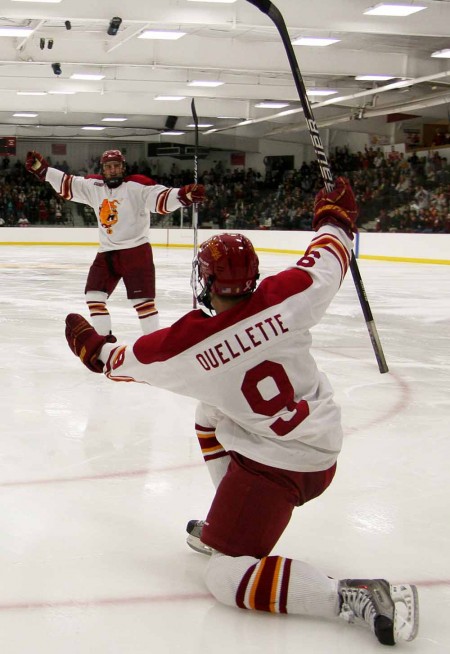 Cleaning House: FSU junior center Travis Ouellette celebrates with his fellow Bulldogs. The men’s hockey team swept the series against RPI on Oct. 14-15. Photo By: Brock Copus | Multimedia Editor