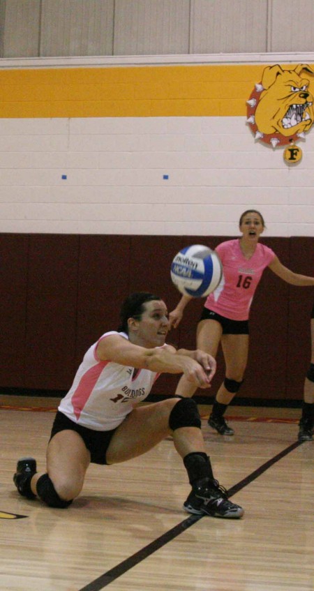 Still Winning: Senior libero Lisa Tobiczyk digs a ball during the match against SVSU. The Bulldogs swept Lake Erie on Oct. 7 and Ashland on Oct. 8 bringing their 2011 record to 15-1 overall. Photo By: Kate Dupon | Photo Editor 