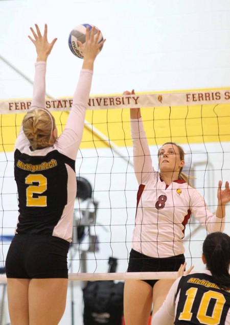 Winning Streak: FSU senior outside hitter Ashley Huntey looks to make a kill against Michigan Tech. The Bulldogs defeated Ohio Dominican and Tiffin on Oct. 29 and Oct. 30. Photo By: Brock Copus | Multimedia Editor