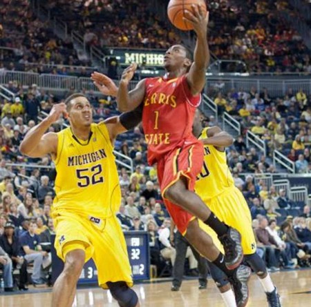 Headed to Tiffin: FSU senior guard Dontae Molden goes in for the layup during the exhibition game against the University of Michigan. The Bulldogs will take on Tiffin on Dec. 1 to open GLIAC play. Photo Courtesy of Ferris State Athletics