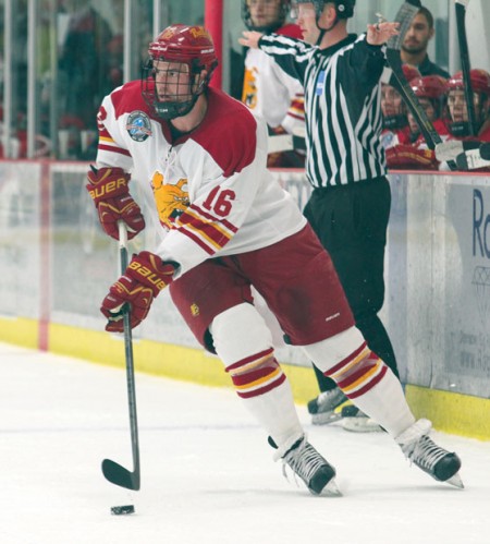 Working the Wing: Bulldog left wing junior Garrett Thompson skates into the zone against Ohio State. Thompson has a team-high 17 points for the season to date. Photo By: Brock Copus | Multimedia Editor