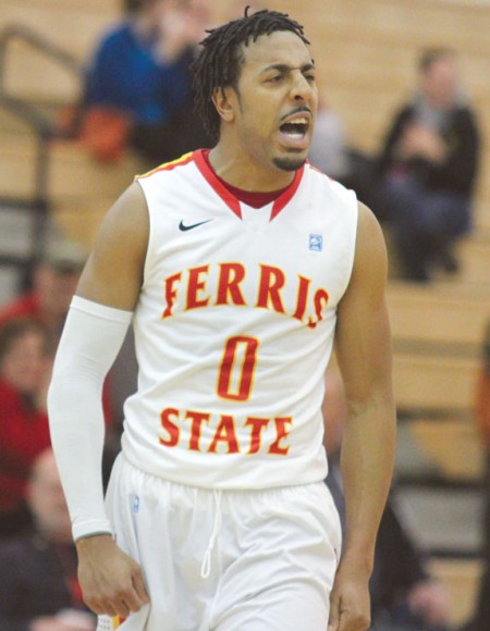 This is My House: Ferris State senior guard Kenny Brown celebrates after making a last-second shot in the first overtime against Wayne State.  Photo By: Brock Copus | Multimedia Editor