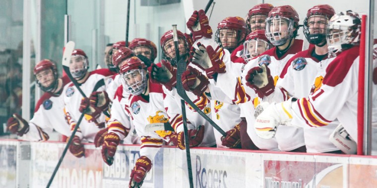 Bench Celebration: The Bulldog bench erupts during the shootout against Western Michigan. Ferris State would split last weekend, Feb. 8-9, on the road at Northern Michigan.  Photo By: Brock Copus | Multimedia Editor