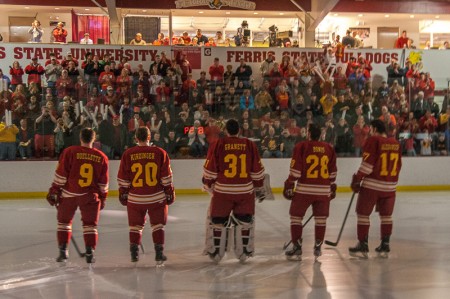 Senior Sendoff: Five Bulldog senior hockey players are recognized at Saturday's game against Bowling Green State. From left to right, Bulldog center Travis Ouellette, center Matthew Kirzinger, goaltender Rob Granett, left wing Kyle Bonis, and right wing Eric Alexander. Photo by Brock Copus | Multimedia Editor