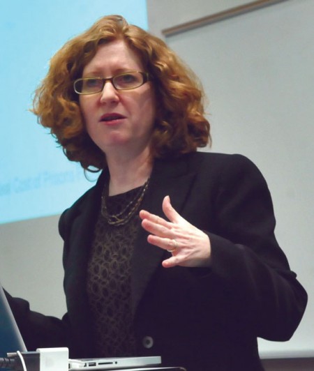 Reproductive Justice Advocate: Lynn Paltrow, author and attorney, speaks to an audience in the Business Building about advocating for abortion to be accepted. Photo By: Olivia Odette | Photographer