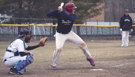 Up to Bat: Bulldog senior catcher Kevin Starrs steps up to the plate against Western Michigan University. The club baseball team took on the Broncos as part of its home opener. Photo By: May Benson | Editor-in-Chief