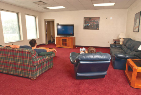 The Ewigleben Sports Arena is home to the Ferris hockey team and serves as a place to relax, train and recover. The players’ lounge, as well as the rest of the facility, is decorated with pictures of previous successful players in hopes of inspiring the current players.  Courtesy Photo Provided By: Athletic Communications  