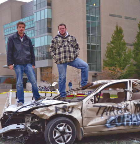 Ferris’s Automotive Management Student Organization hosted a fundraiser last week in the quad where students were able to smash an old car for $2. All proceeds went to Project Starburst, a local food bank in Big Rapids.  Photo By: Olivia Odette | Photographer