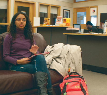 Ferris junior operations and supply chain management and MX co chair Mabel Acosta discusses ways to increase student involvement in the program. Approximately 10 students attended the first MX event session held on March 3.  Photo By: Tori Thomas | Photographer