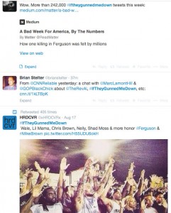 Screenshot of twitters newsfeed and the social movement that millions have contributed that started behind the death of Michael Brown.