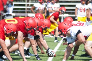 Offensive and defensive linemen from Ferris State’s football team line up prior to the 2013 GLIAC football season. Concussions have become football’s hot button issue that isn’t going away.