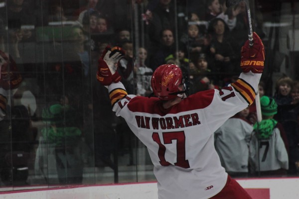 VanWormer celebrates the overtime game winning goal.