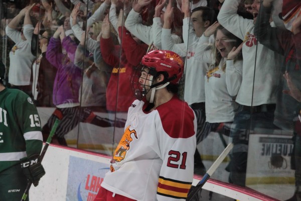 Senior forward Justin Buzzeo celebrates a goal on senior night, the goal stood as the game-tying goal.