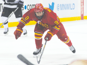 Sophomore Chad McDonald and the rest of the Bulldogs battle the No. 1 Minnesota State Mavericks at the Xcel Energy Center in St. Paul, Minnesota during the WCHA Final Five.