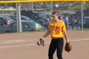 Stacy Thompson stares down the plate after a mound visit in the midst of her first collegiate no-hitter.