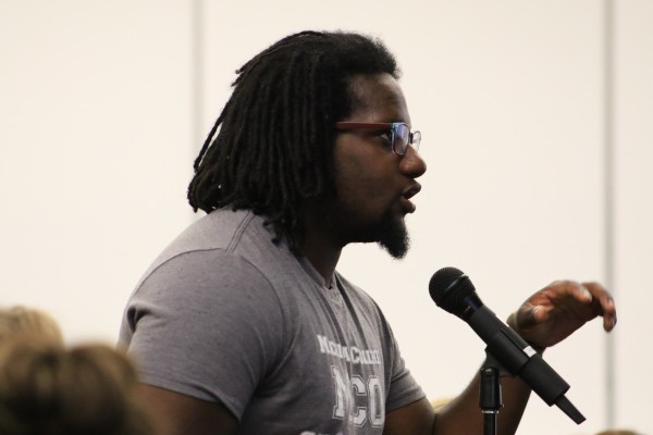 Ferris optometry student Adrian Wright engages with Kerman in a Q&A following her talk at the University Center Wednesday night.