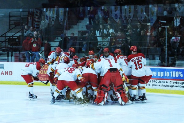 The Ferris State hockey team celebrates a win at home, something the Dawgs will try to accomplish this weekend against Minnesota State.