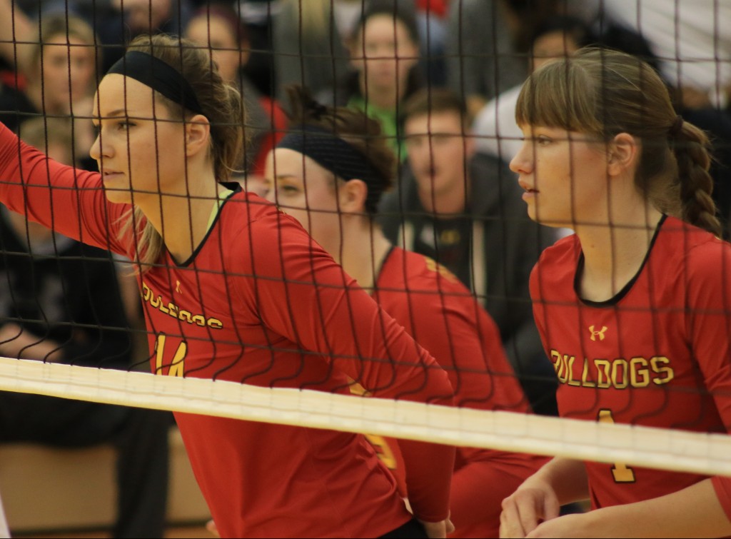 Senior middle hitter Caroline Heitzman and outside Megan Vander Meer played their last match as Bulldogs tonight, along with fellow seniors Alexis Huntey and Danielle Dowd.