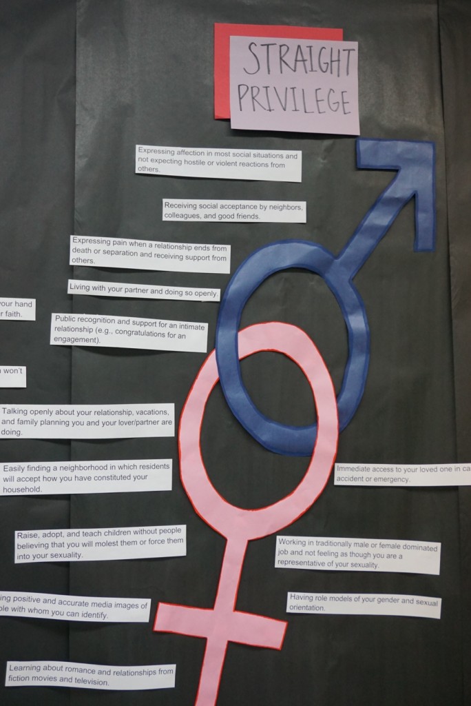 Some quotes from this straight male privilege poster include “Expressing affection in most social situations and not expecting hostile or violent reactions from others” and “Raise, adopt and teach children without people believing that you will molest them or force them into your sexuality.”