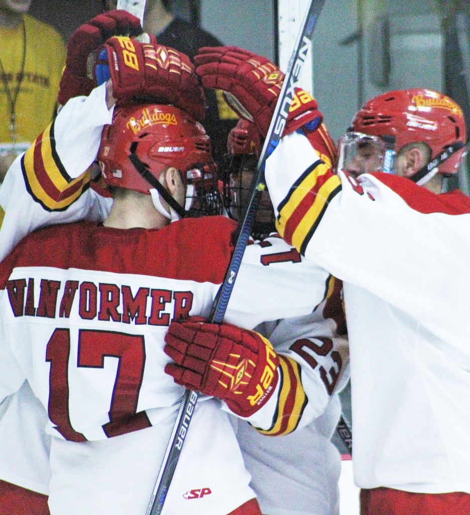 Bulldogs celebrate after a goal by Ferris State junior forward Jared VanWormer, who has three goals on the season.