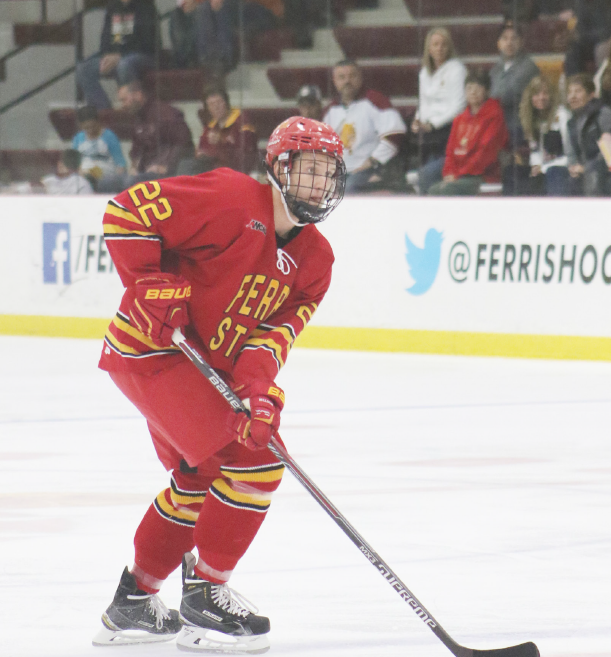 Ferris senior forward Matt Robertson and his fellow senior teammates could be playing their final games at Ewigleben Ice Arena this weekend.