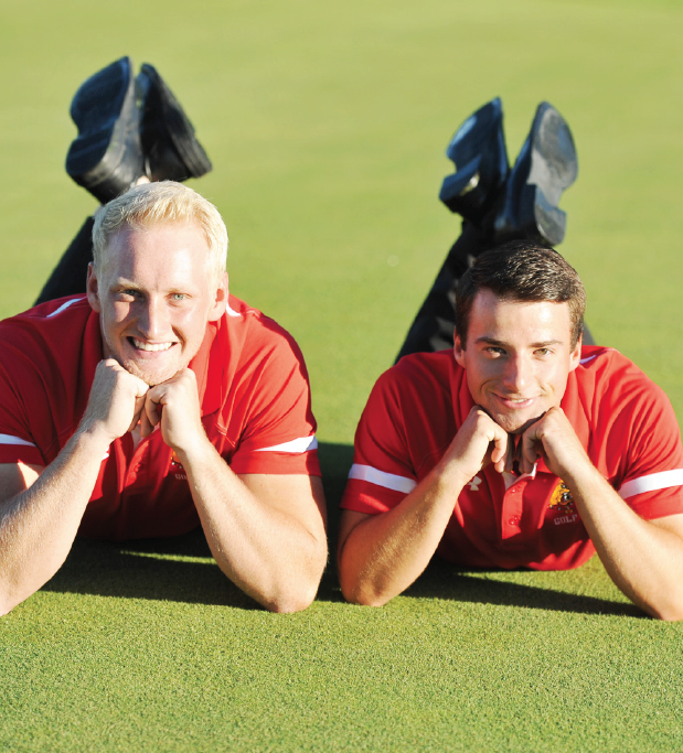 Ferris senior Zak Kiefer and junior Cody Simons pose on the green at Big Rapids’ own Katke Golf Course.