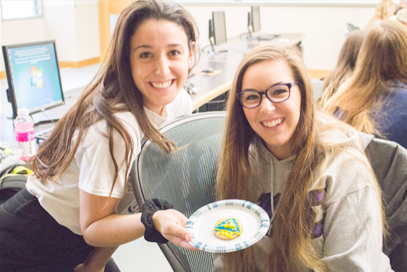 Ferris pharmacy junior, Kayla Sternthal and senior, Catt Steinke, took part in Lambda Kappa Sigma’s cookie decorating recruitment event on Tuesday, Sept. 13.